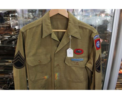 WW2 US Army Enlisted mans Wool shirt. Gas flap has been cut away. Has originally applied WW2 82nd Airborne shoulder sleeve in