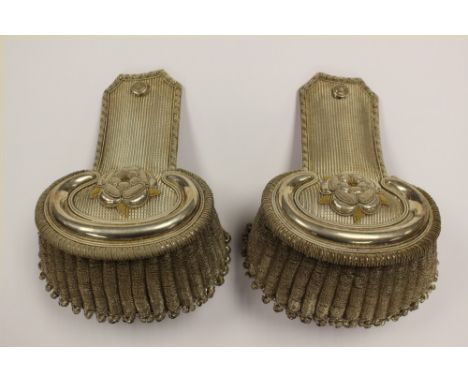 Victorian Army Officers Full Dress uniform epaulettes. White metal with silver bullion wire embroidery. White Rose insignia i