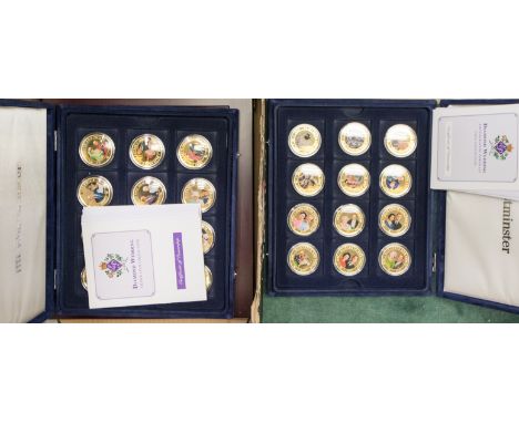 27 Silver Proof Crown size coins, 36 Westminster enamel 24ct plated CU/NI coins in three coin cases 