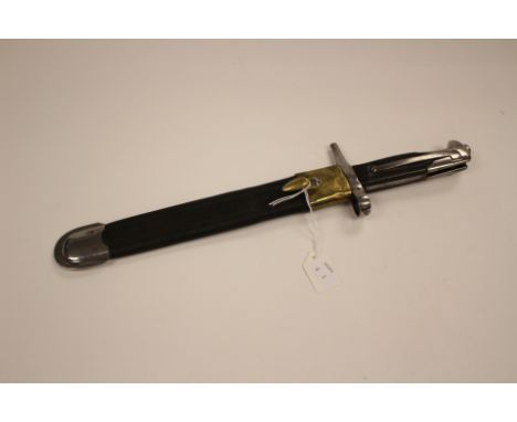 Italian M1891 knife bayonet. 24cm plate blade. Marked "Crown TA".  1EB4 marked crossguard. Complete in leather scabbard with 