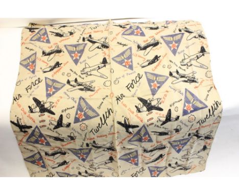 WW2 US 12th Army Air Force Silk Sweetheart Head Scarf. Printed with US 12th AF insignia and images of aircraft with names. Si