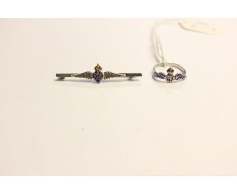 WW2 British RAF sweetheart bar brooch marked "Silver", 50mm in width, with RAF wings with coloured enamel details. Along with