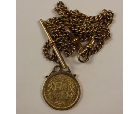 Sovereign 1879S Shield Reverse in a 9ct pendant mount with attached 9ct watch chain, 33 grams total approx 