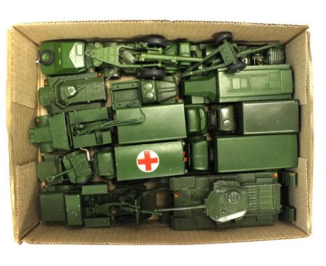 Dinky: One box of assorted unboxed Dinky Military vehicles to comprise: 660 Tank Transporter, 651 Centurion Tank, 622 10 ton 