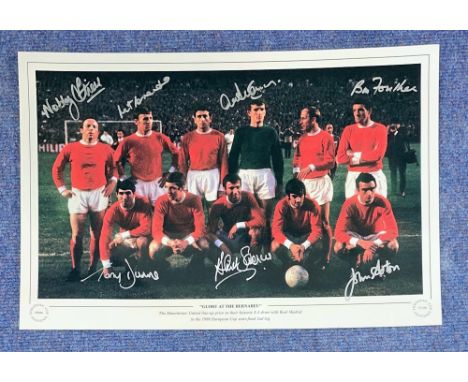 Manchester United Multi Signed 18 x 12 European Cup Edition Coloured Print. Signatures from Nobby Stiles, Pat Crerand, Bill F
