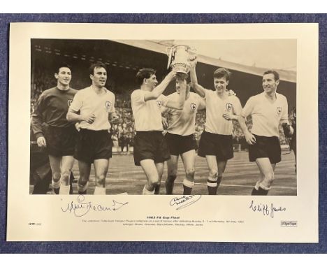 Jimmy Greaves, Dave Mackay and Cliff Jones signed black and white limited edition print. Print shows 1962 FA Cup Final, The v