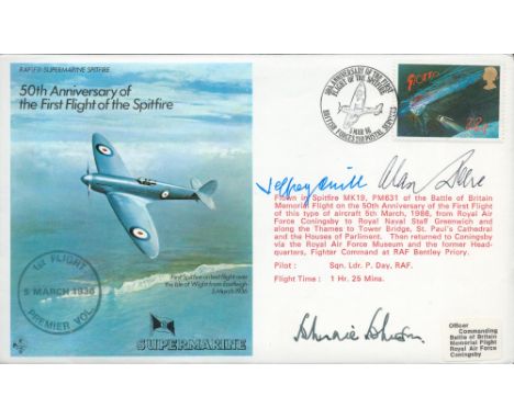 WW2 AVM Johnnie Johnson, Jeffrey Quill and Alan Deere Signed 50th Anniv of 1st Spitfire Flight Flown FDC. Flown in a Spitfire