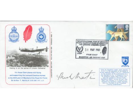 WW2 Flt Lt Mick Martin Signed RAF Lancaster Flown FDC with Stamps and Postmarks. Supporting Leonard Cheshire Homes. 14p Stamp