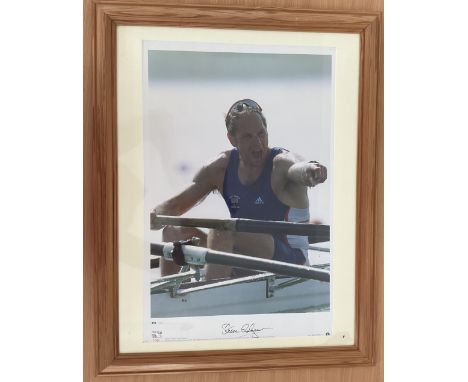 Rowing Sir Steve Redgrave Signed Big Blue Tube Print. 243 of 500. Housed in Wooden Frame Measuring 27x21 inches overall. Prin