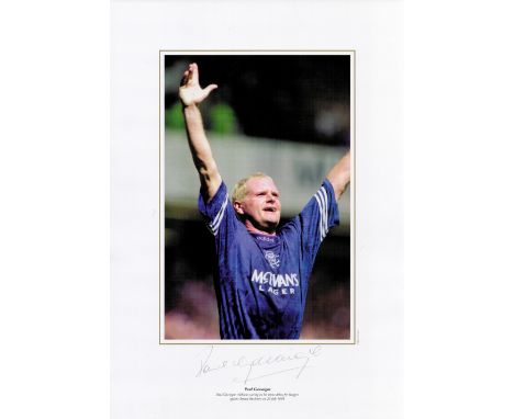 Paul Gascoigne Rangers signed 16 x 12 coloured print. Print shows Gascoigne celebrating after scoring his home debut goal for