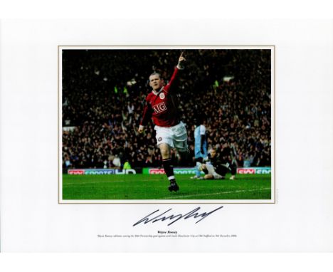Wayne Rooney Manchester United signed 16 x 12 coloured print. Print shows Rooney celebrating his 50th premiership goal agains