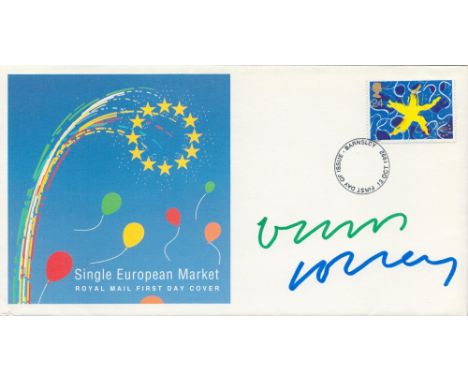 David Hockney, a signed (in green and blue ink) 1992 European Market FDC with insert. The stamp was designed by Hockney. A Br