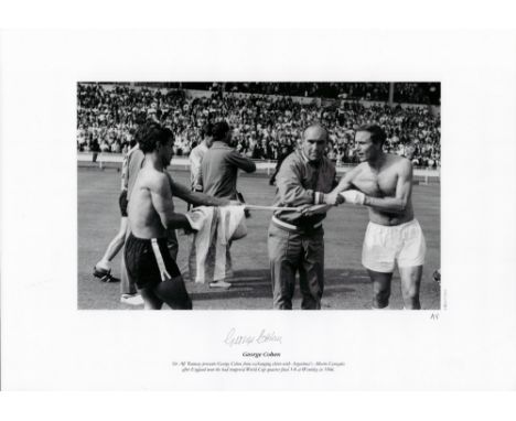 George Cohen signed 16x12 black and white Artist Proof print. Sir Alf Ramsey prevents George Cohen from exchanging shirts wit