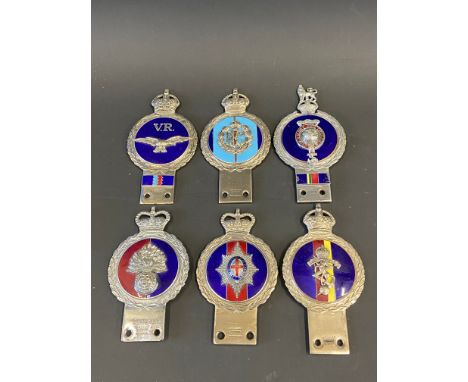 Six Gaunt enamel regimental car badges to include Royal Flying Corps and Volunteer Regiment. 