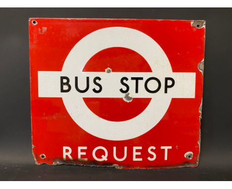 A Bus Stop Request enamel sign, 17 3/4 x 15 1/2".