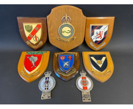 Two enamel regimental car badges plus various regimental plaques to include Company of Veteran Motorists. 