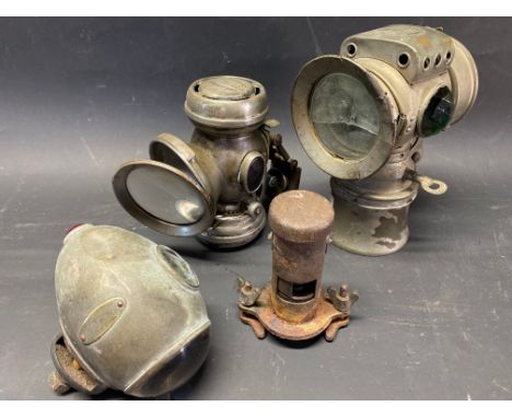 A Sun nickel plated acetylene lamp, a Powell &amp; Hamner Zephyr lamp and one other etc. 