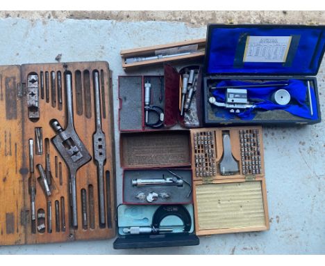 A quantity of workshop precision tools including a micrometer, letter punches etc. 