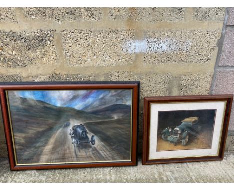 B.D. Taylor - an original artwork of two pre-war cars racing amongst a mountainous landscape, plus a framed and glazed print 