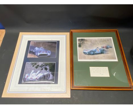 A framed and glazed print of Stirling Moss driving a Mercedes Benz W196, with inset extract handwritten note from Moss, 17 1/