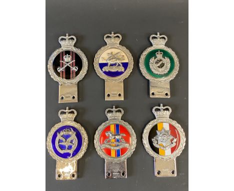 Six Gaunt enamel regimental car badges to include The Buffs and East Yorkshire.