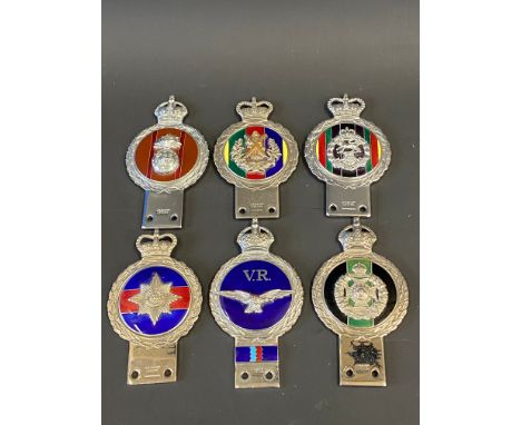 Six Gaunt enamel regimental car badges to include Royal Hampshire Regiment. 
