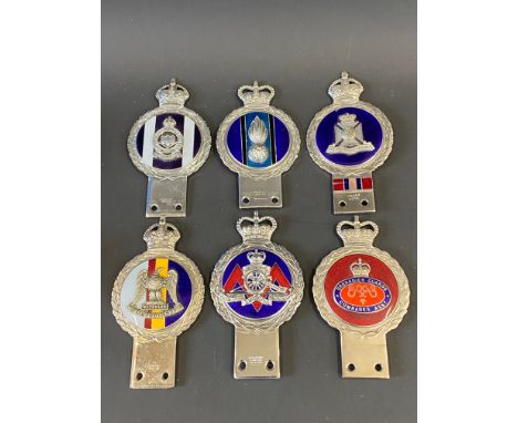 Five Gaunt enamel regimental car badges to include The Waterloo, The Royal Scots Greys and one other being Grenadier Guards. 