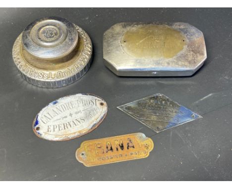 A silver plated case marked Cruss Aus Dem Rheinland, a French enamel plaque, a Riley chassis plate etc. 