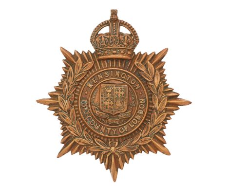 13th (Kensington) Bn. The London Regiment post 1908  helmet plate.Good die-stamped beass crowned star bearing laurel sprays a