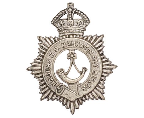 Indian Army. Madras & S. Mahratta Railway Rifles AFI  cap badge.Locally die-stamped white metal crowned star bearing title  s