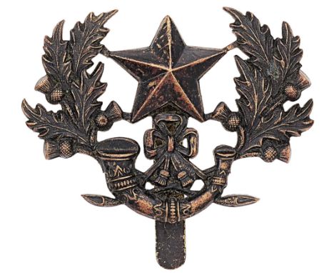 Cameronians (Scottish Rifles) Victorian  pagri badge.Good scarce small die-cast blackened brass Mullet on strung bugle within