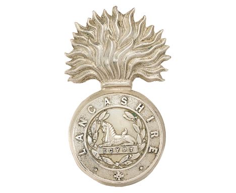 Lancashire Fusiliers post 1883 VB glengarry grenade.Good die-stamped white metal flaming grenade, the ball bearing LANCASHIRE