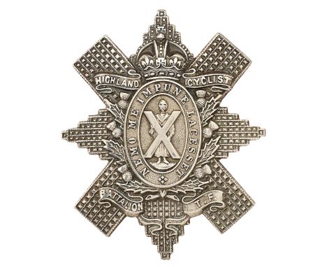 Scottish. Highland Cyclist Bn. TF glengarry badge circa 1909-19. Good scarce post 1908 LACESSET die-stamped white metal examp