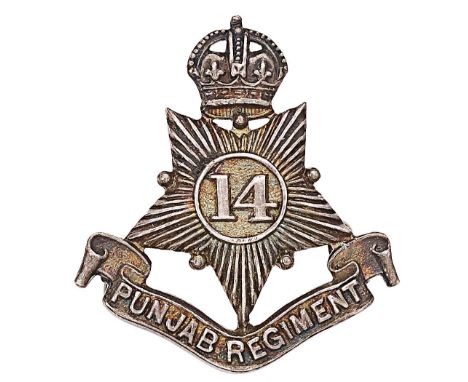 Indian Army. 14th Punjab Regiment 1924 Birmingham hallmarked silver Field Service cap badge. British die-cast small crowned f