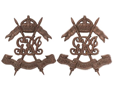 Indian Army. Central India Horse pair of OSD collar  badges circa 1910-21.British made die-cast crowned crossed lances GRI cy