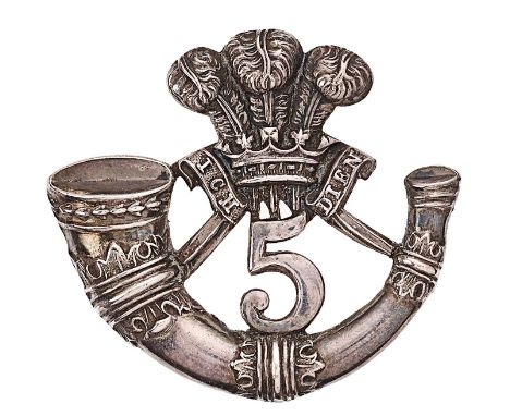 5th (Congleton) Cheshire Rifles Victorian Officers forage cap badge.Die-stamped silvered strung bugle surmounted by Prince of
