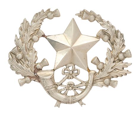 Cameronians (Scottish Rifles) Sergeants glengarry badge. Good large die-stamped white metal Mullet over strung bugle with att