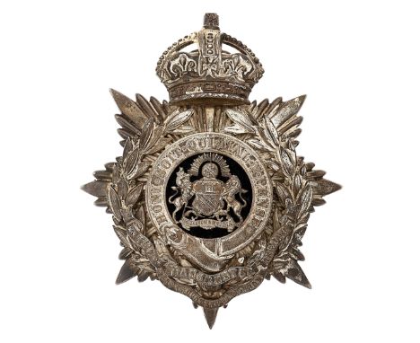 3rd (Ashton-under-Lyne) VB Manchester Regiment Officers helmet plate circa 1901-08.Good die-stamped silver plate crowned star