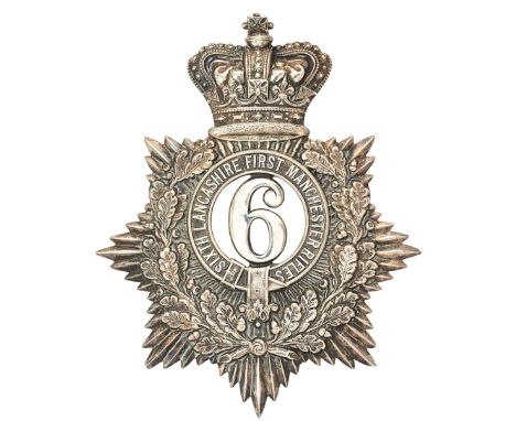 6th Lancashire Rifle Volunteer Corps Victorian senior NCOs helmet plate circa 1880-88. Fine scarce die-stamped silvered crown
