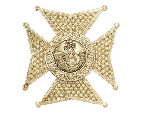 6th Lancashire Rifle Volunteer Corps Victorian shako plate circa 1860.Fine rare die-stamped white metal hobnailed Maltese cro