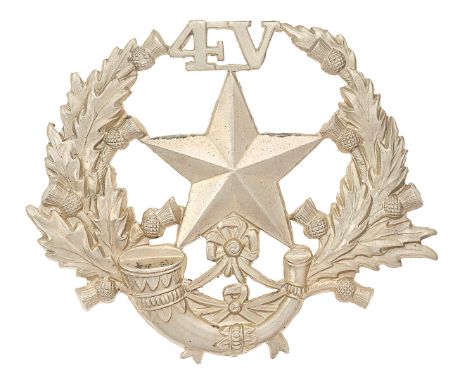 4th VB Cameronians (Scottish Rifles) glengarry badge circa 1887-1908.Scarce die-stamped white metal 4V over Mullet on strung 