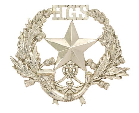 Hutchesons Grammar School Cadet Corps, Glasgow  Scottish glengarry badge.Good rare die-stamped white metal HGS over Mullet on