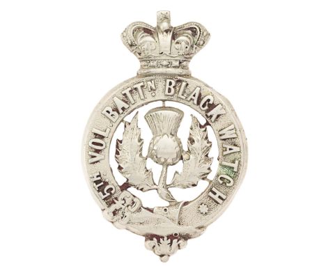 Scottish. 5th VB Black Watch post 1887 Victorian  glengarry badge.A good die-stamped white metal crowned strap 5TH VOL. BATTN