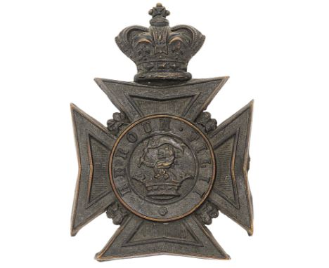 Wellington College Cadet Corps Victorian helmet plate circa 1882-1901.Good scarce blackened brass crowned Maltese cross, lion