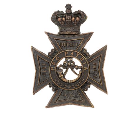 Dorset Rifle Volunteers post 1878 Victorian helmet plate.Good scarce die-stamped blackened brass crowned Maltese cross bearin