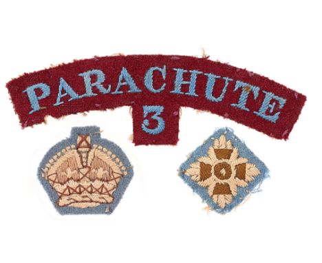 PARACHUTE / 3 early WW2 3rd Parachute Battalion embroidered cloth shoulder title circa 1942.Good very rare example of light b