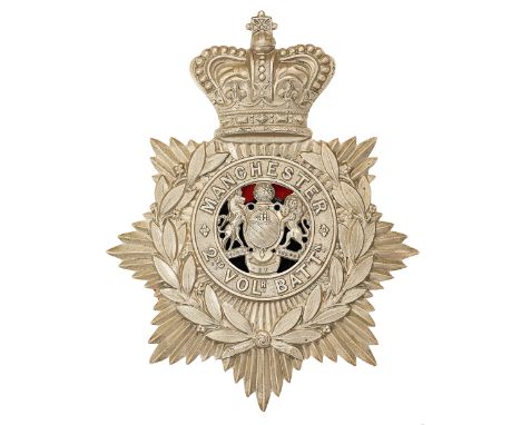 2nd VB Manchester Regiment Victorian  helmet plate circa 1888-1901. Good scarce die-stamped white metal crowned star bearing 