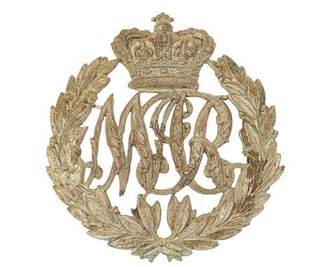 South Africa. Natal Mounted Rifles Victorian helmet plate.Good large die-stamped white metal crowned foliated NMR cypher with