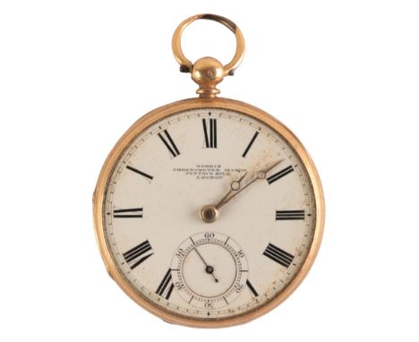 NORRIS OF LONDON: AN 18CT GOLD OPEN FACE POCKET WATCH with keyless wind movement, the enamel dial with black Roman numerals a