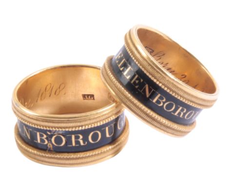 A PAIR OF MOURNING BANDS DEDICATED TO LORD ELLENBOROUGH the matching pair of bands decorated in black enamel with 'LORD ELLEN